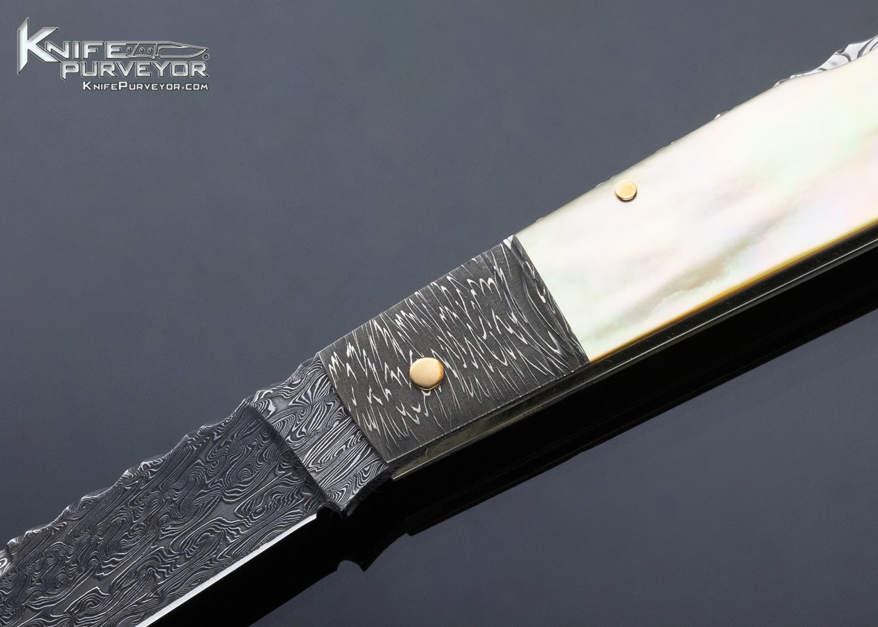 Kay Embretsen Custom Knife Gold Lip Pearl and Damascus "Barlow" Lockback - Image 2