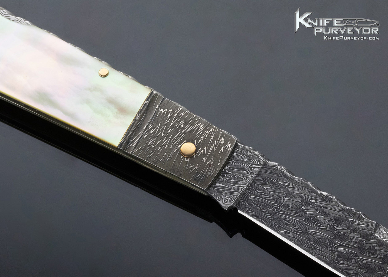 Kay Embretsen Custom Knife Gold Lip Pearl and Damascus "Barlow" Lockback - Image 5