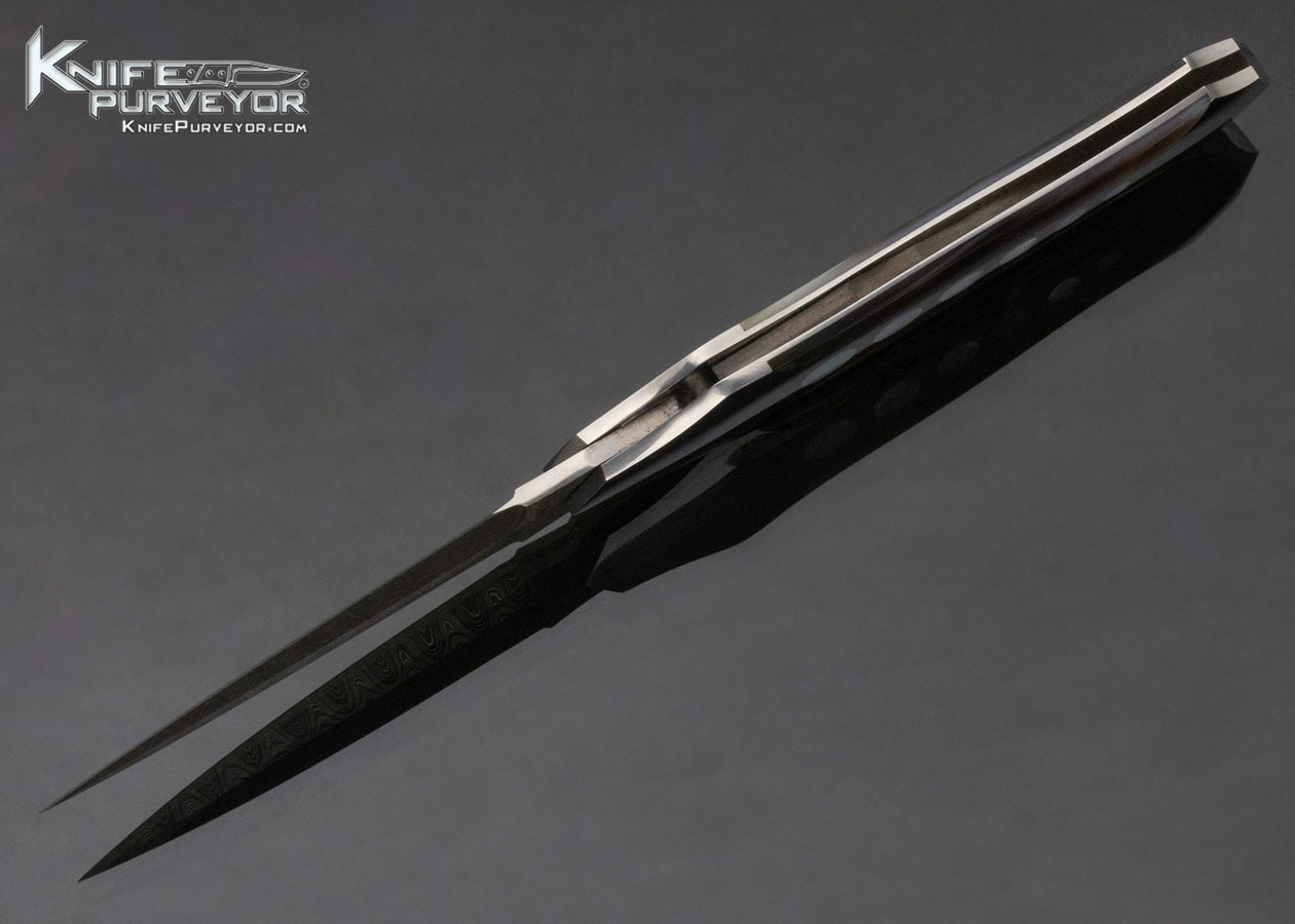 Scott Sawby Custom Knife Button Lock "Egret" Dagger with Pearl and Black Lip Pearl Inlays & Damascus Blade - Image 6