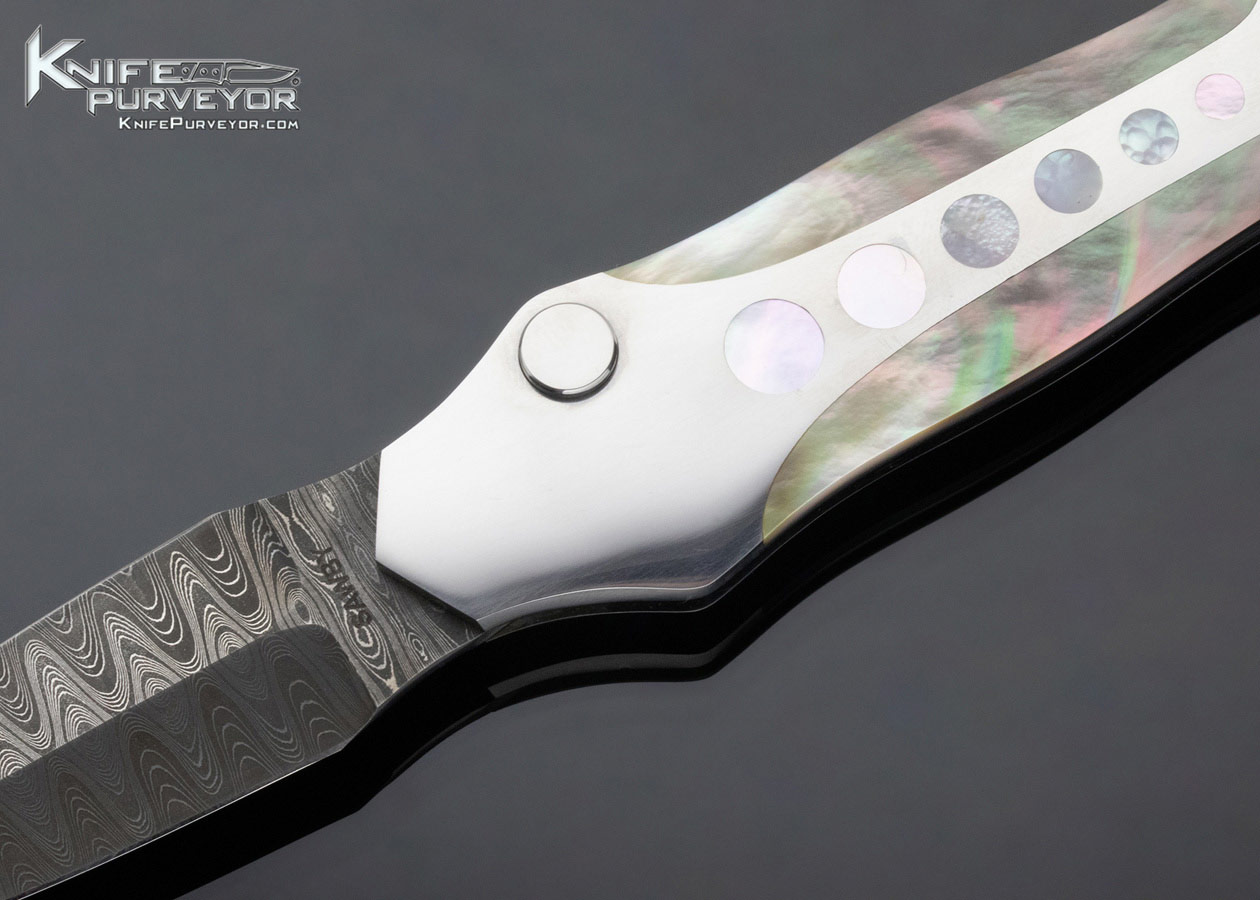 Scott Sawby Custom Knife Button Lock "Egret" Dagger with Pearl and Black Lip Pearl Inlays & Damascus Blade - Image 2