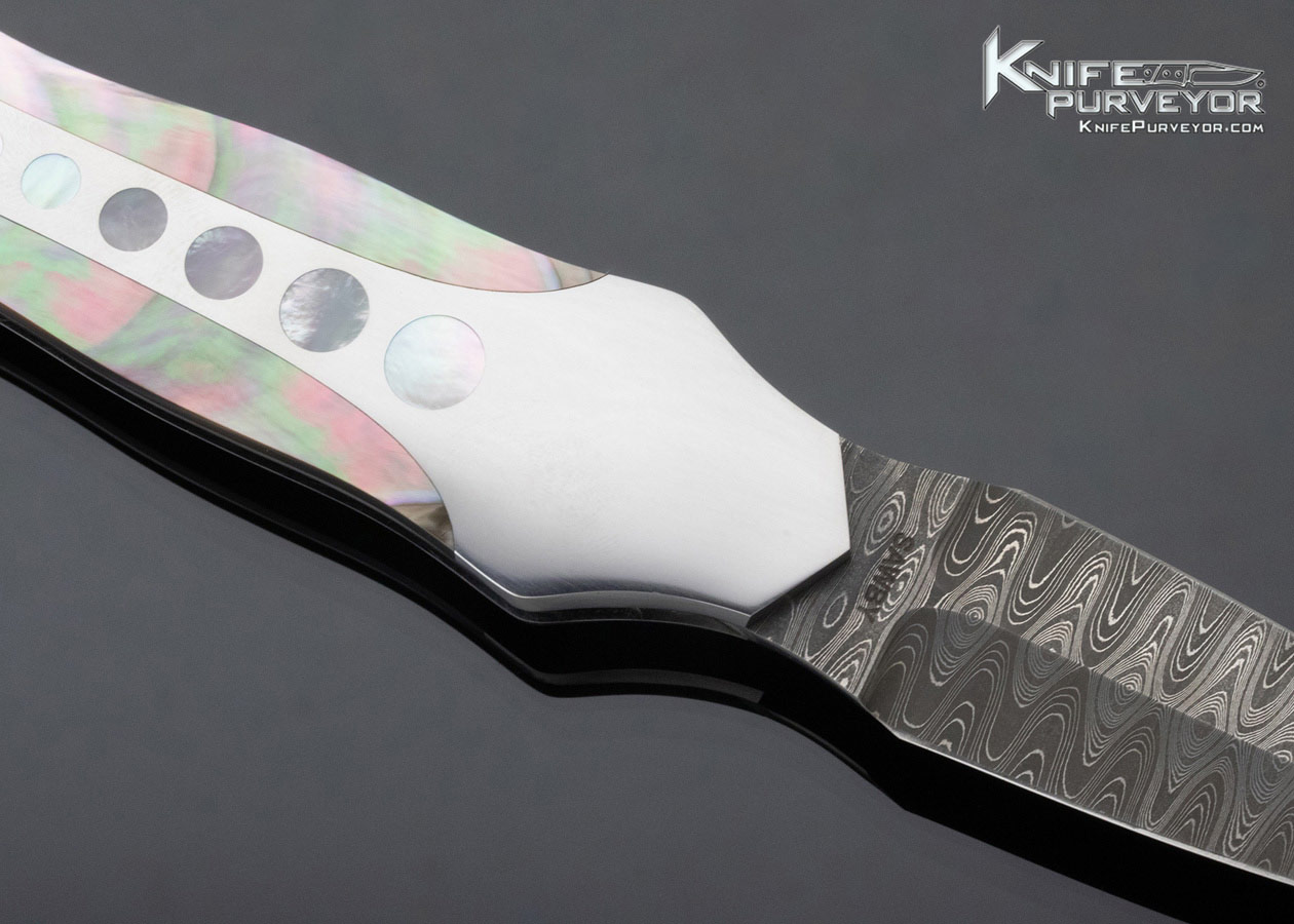 Scott Sawby Custom Knife Button Lock "Egret" Dagger with Pearl and Black Lip Pearl Inlays & Damascus Blade - Image 4