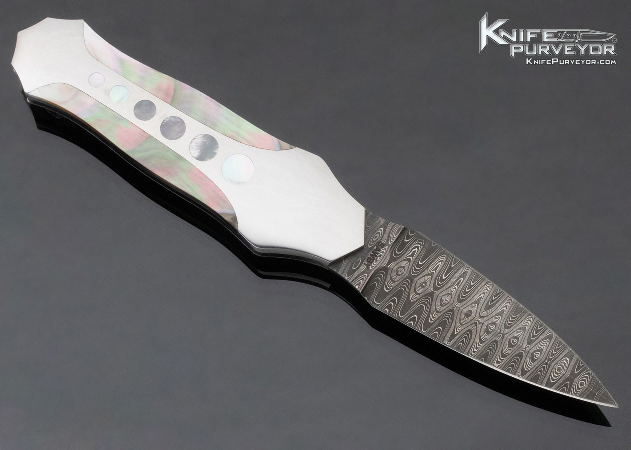 Scott Sawby Custom Knife Button Lock "Egret" Dagger with Pearl and Black Lip Pearl Inlays & Damascus Blade - Image 3