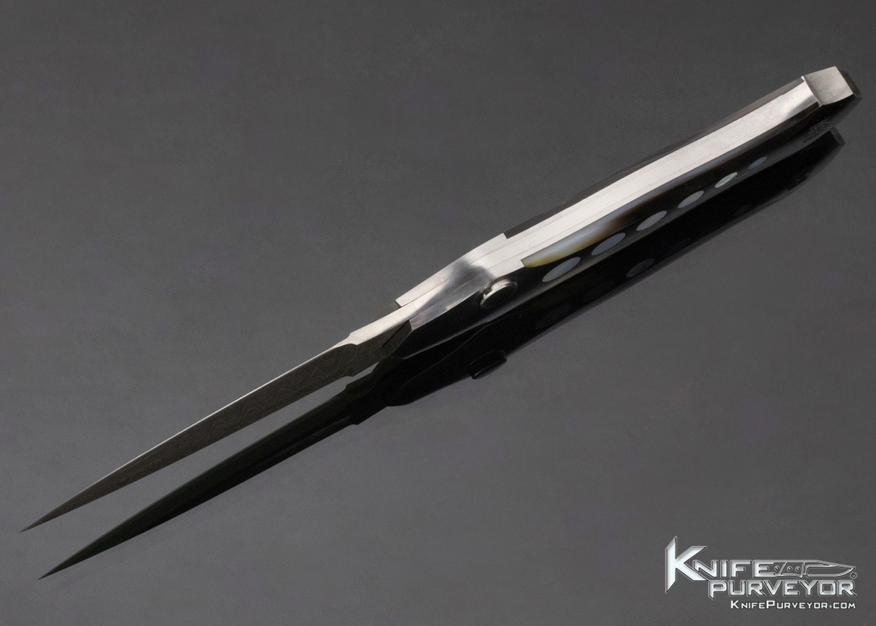 Scott Sawby Custom Knife Button Lock "Egret" Dagger with Pearl and Black Lip Pearl Inlays & Damascus Blade - Image 7