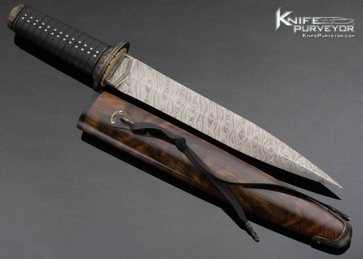 Anders Hogstrom Custom Knife Sole Authorship Damascus Leather Wrapped Fixed Blade w Wood Sheath - Image 6