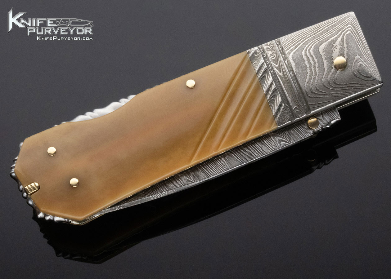 Barry Davis Custom Knife Sole Authorship Damascus and Fossil Walrus Lockback - Image 4