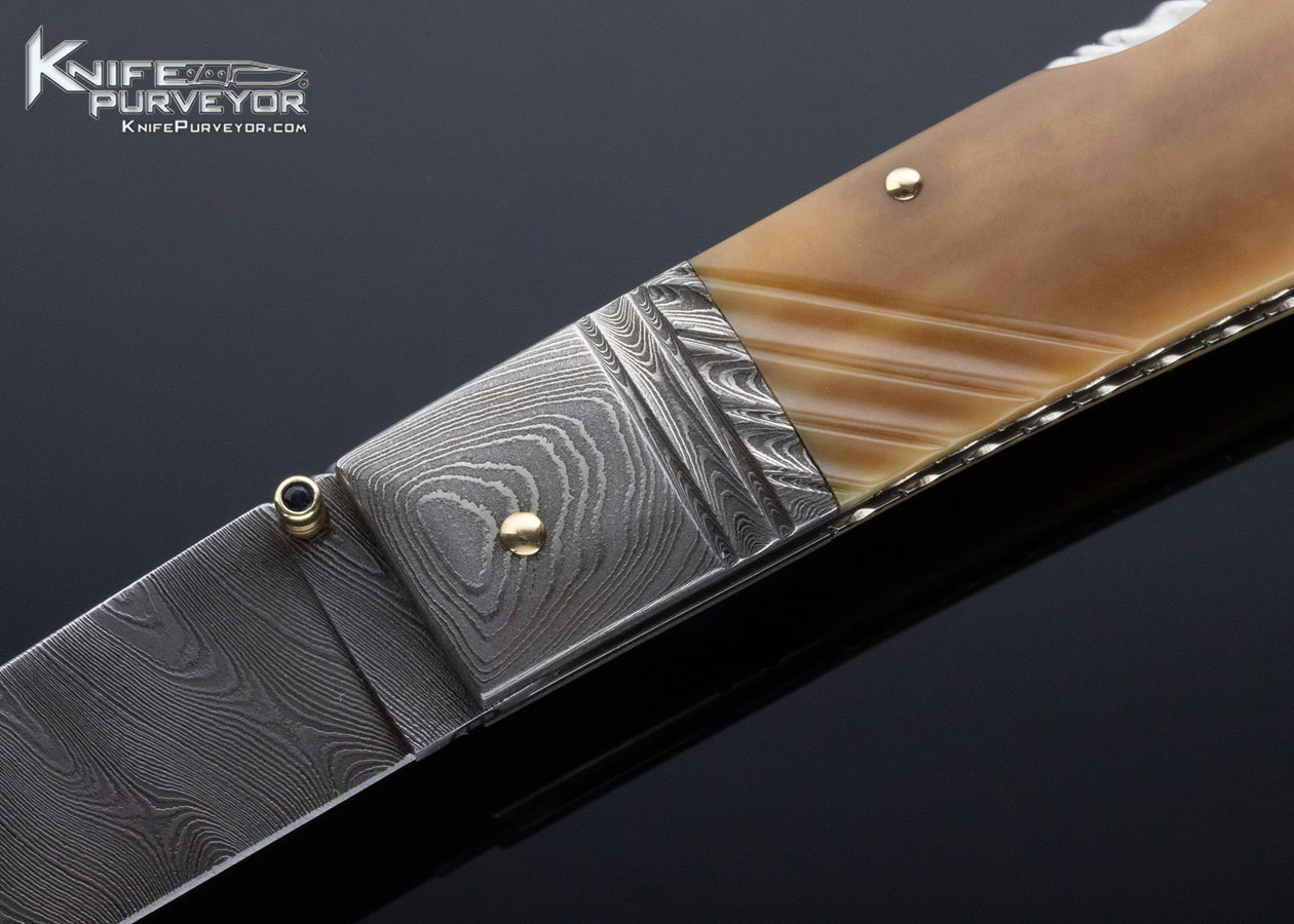 Barry Davis Custom Knife Sole Authorship Damascus and Fossil Walrus Lockback - Image 2