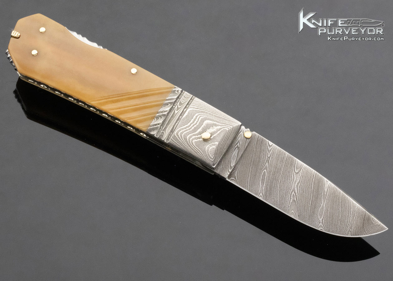 Barry Davis Custom Knife Sole Authorship Damascus and Fossil Walrus Lockback - Image 3