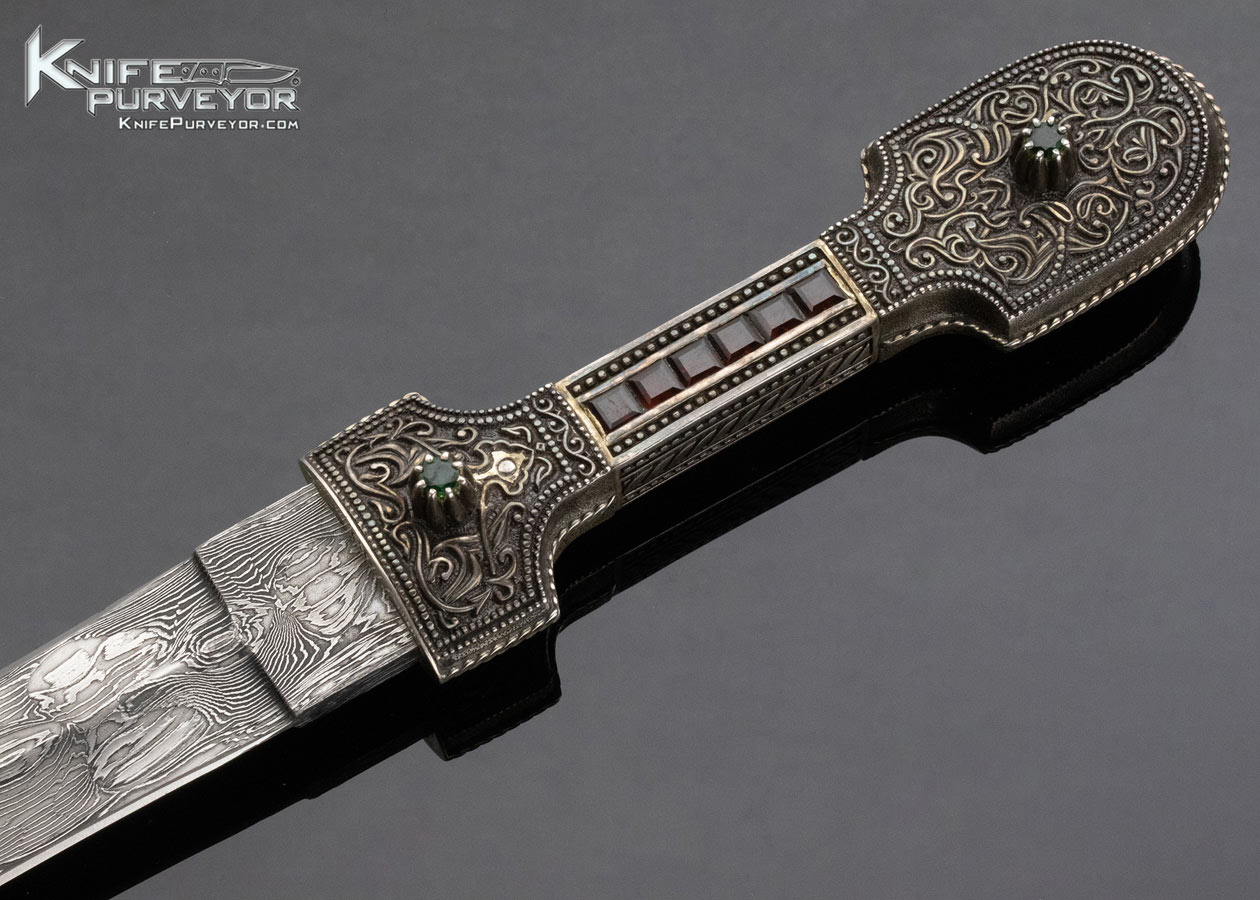 Gerri Dadyan Custom Knife Mosaic Damascus Fine Silver Filigree w Garnets and Citrine Gem Stones Inlays and Copper Velvet Lined Display Box - Image 2