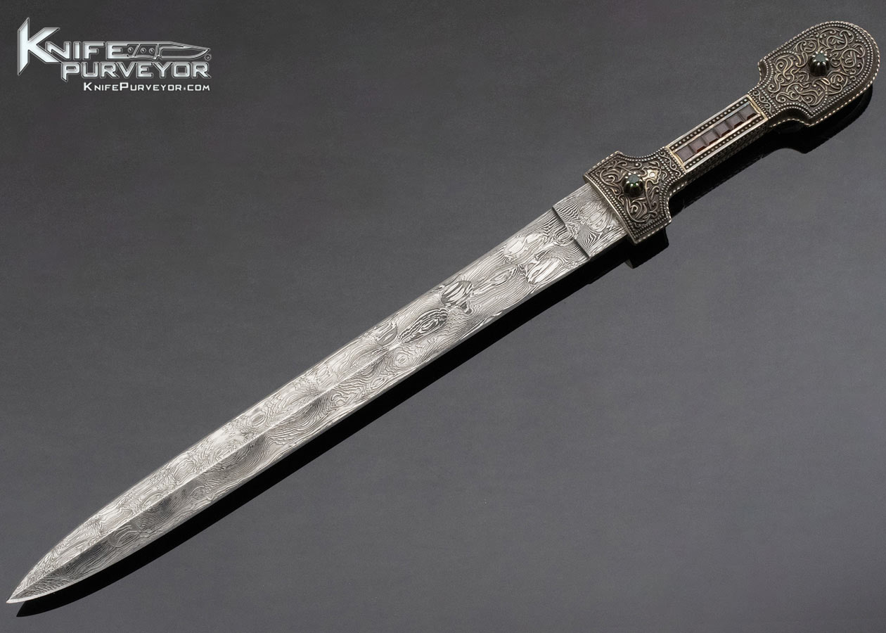 Gerri Dadyan Custom Knife Mosaic Damascus Silver Silver w Garnets and Citrine Gem Stones Inlays and Copper Velvet Lined Display Box 13176