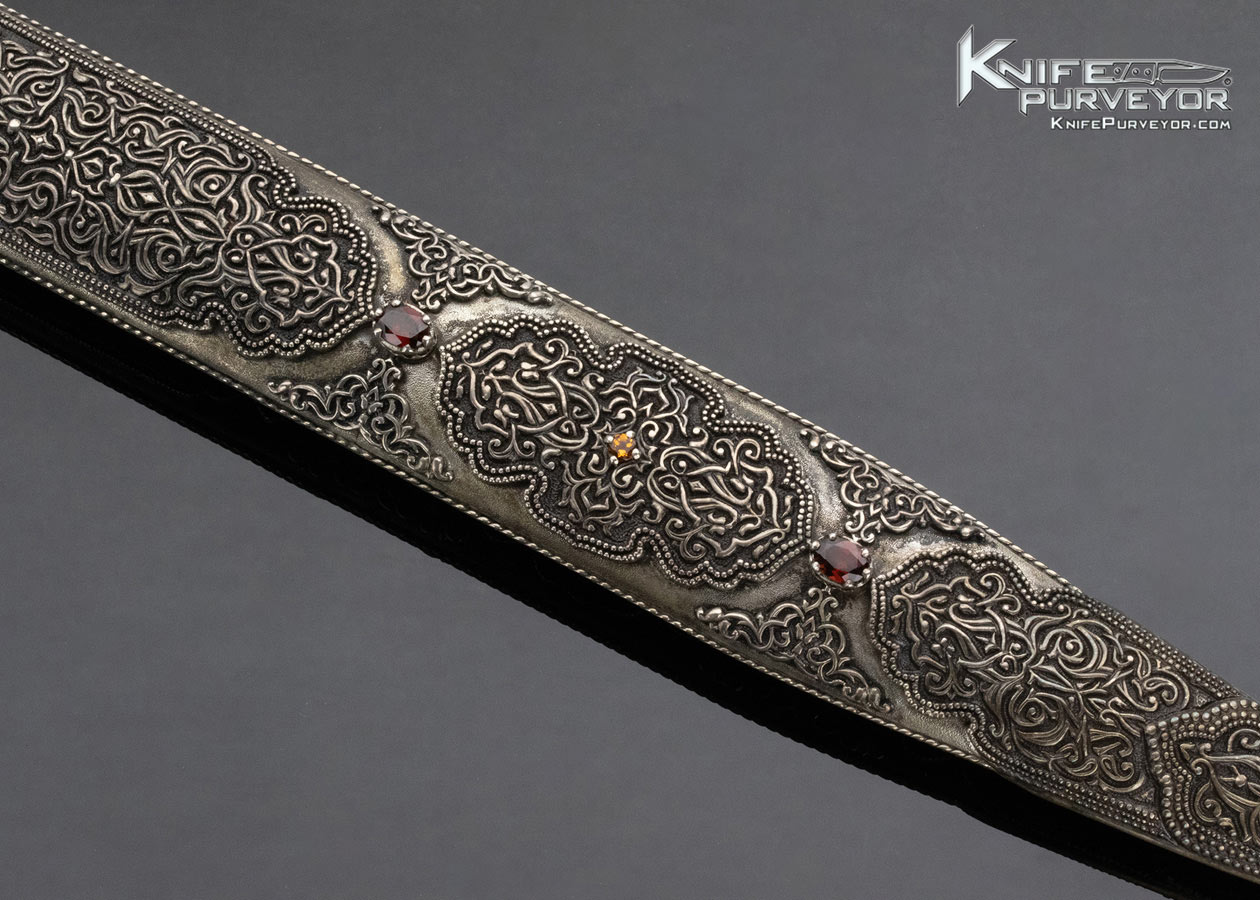 Gerri Dadyan Custom Knife Mosaic Damascus Fine Silver Filigree w Garnets and Citrine Gem Stones Inlays and Copper Velvet Lined Display Box - Image 8