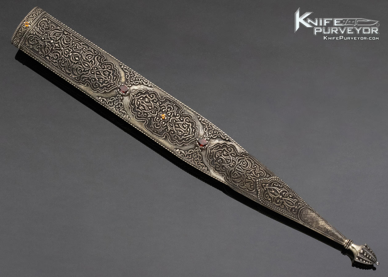 Gerri Dadyan Custom Knife Mosaic Damascus Fine Silver Filigree w Garnets and Citrine Gem Stones Inlays and Copper Velvet Lined Display Box - Image 7