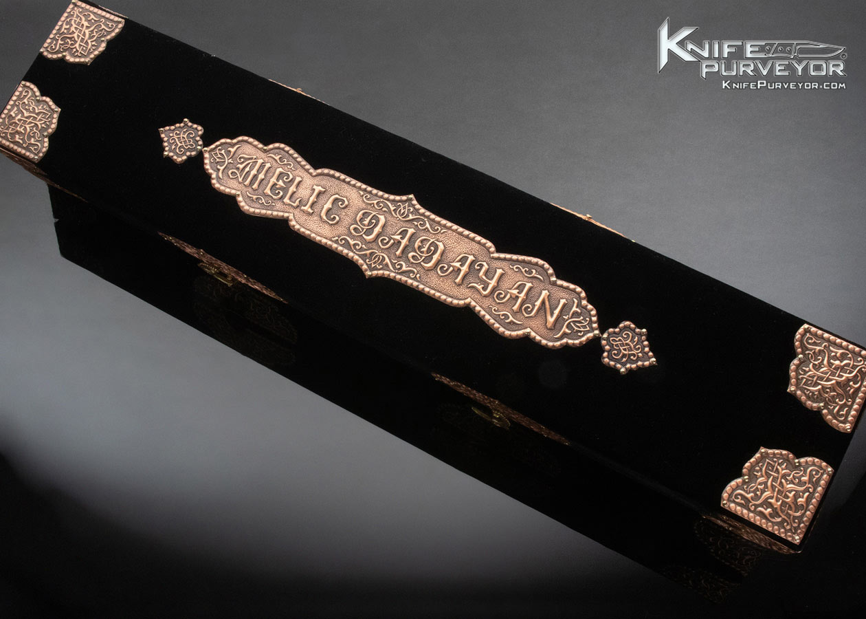 Gerri Dadyan Custom Knife Mosaic Damascus Fine Silver Filigree w Garnets and Citrine Gem Stones Inlays and Copper Velvet Lined Display Box - Image 12