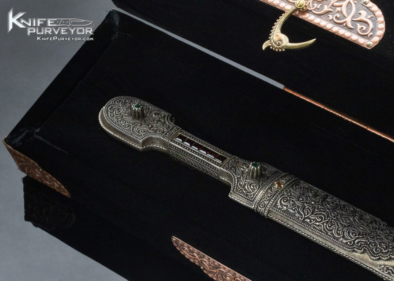 Gerri Dadyan Custom Knife Mosaic Damascus Fine Silver Filigree w Garnets and Citrine Gem Stones Inlays and Copper Velvet Lined Display Box - Image 10