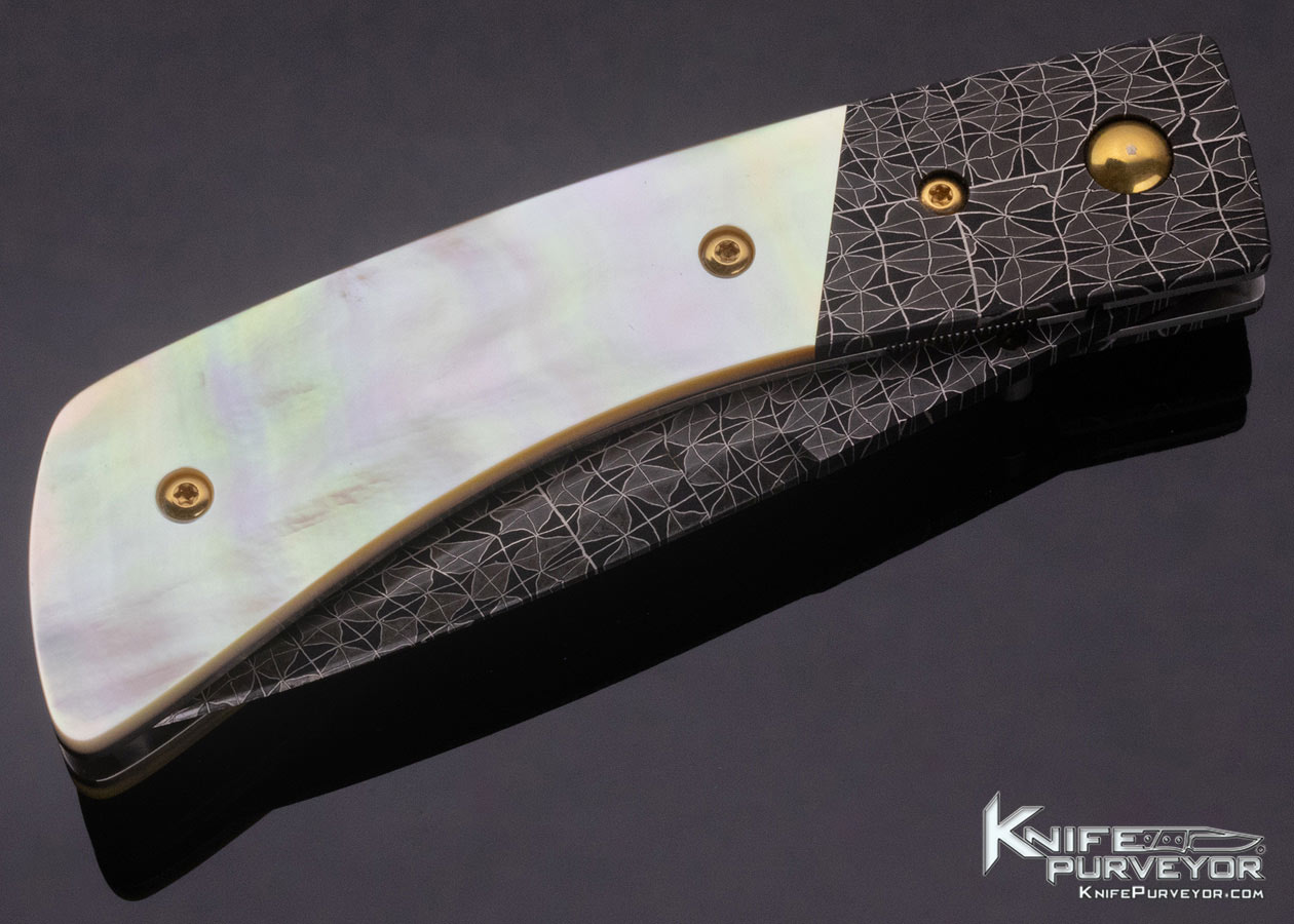 R.B. Johnson Custom Knife Mosaic Damascus and South Sea Goldlip Pearl Linerlock - Image 4