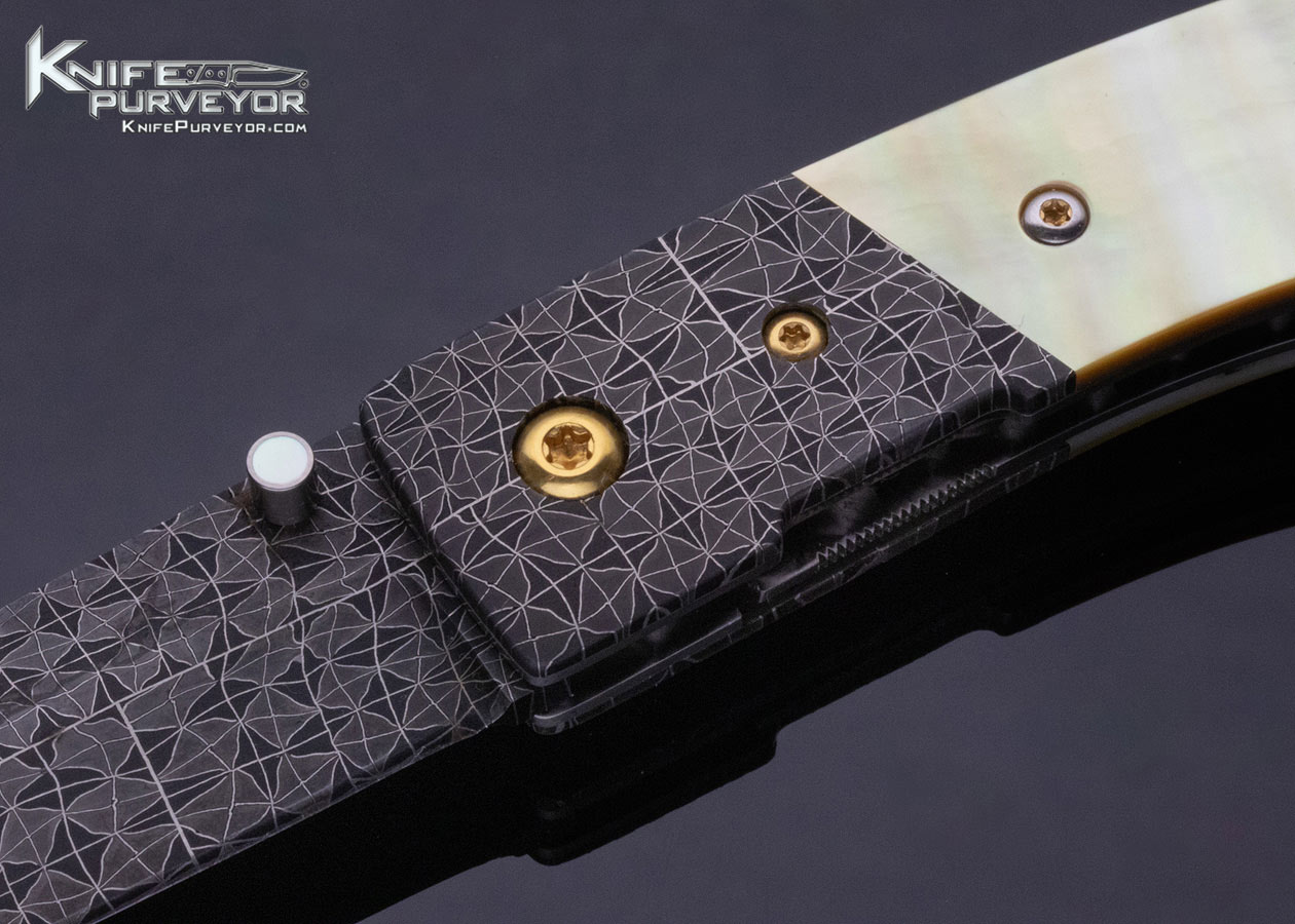 R.B. Johnson Custom Knife Mosaic Damascus and South Sea Goldlip Pearl Linerlock - Image 2