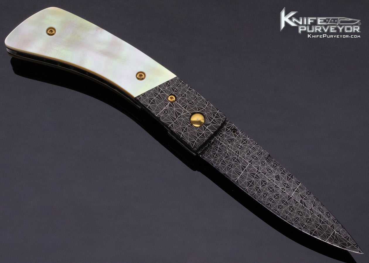 R.B. Johnson Custom Knife Mosaic Damascus and South Sea Goldlip Pearl Linerlock - Image 3