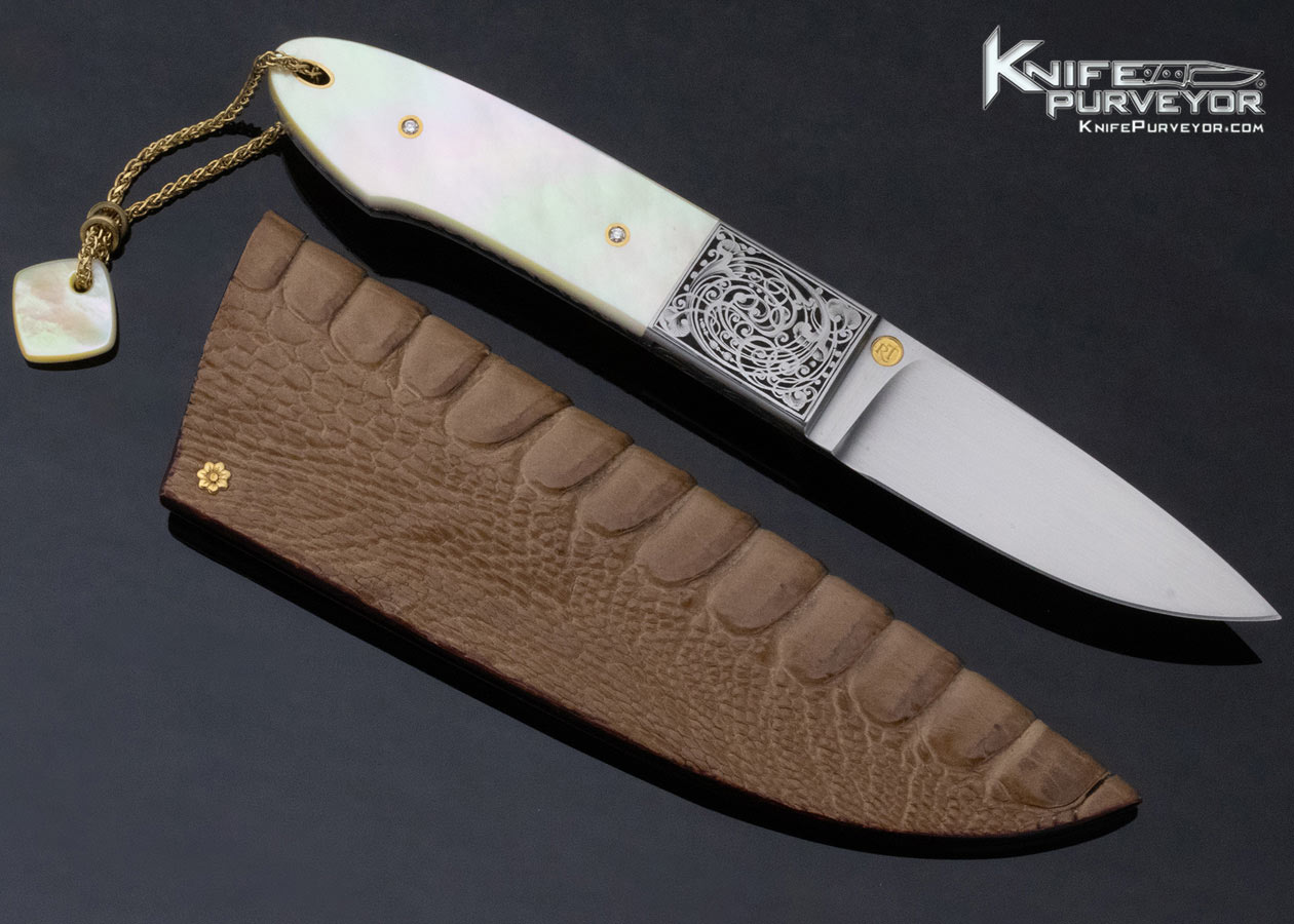 Reinhard Tschager Custom Knife Sole Authorship Engraved Presentation Grade South Sea Gold Lip Pearl With Gold Inlays and Chain Gents Hunter - Image 2