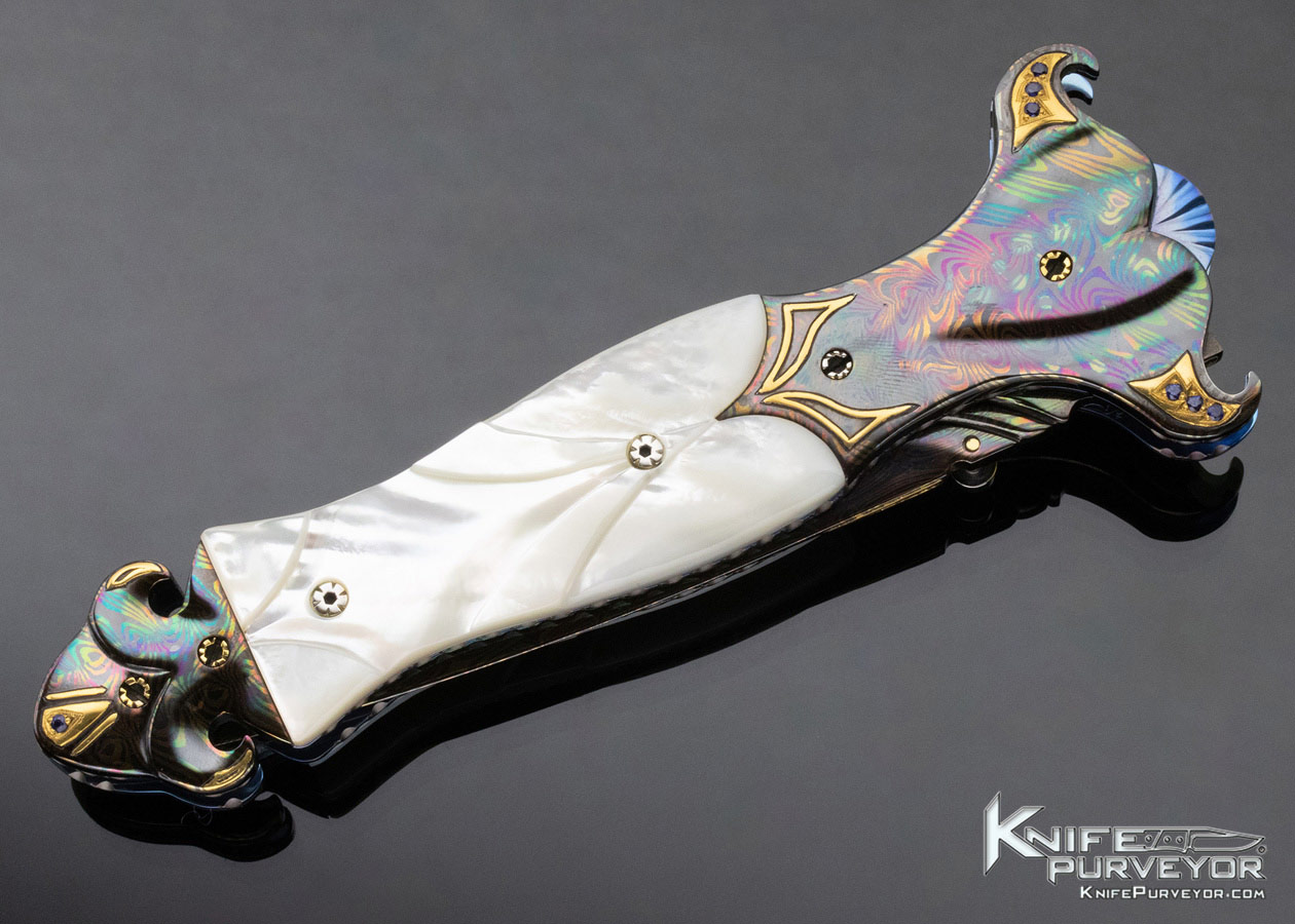 Shaun and Sharla Hansen Custom Knife Blued Sole Authorship Damascus and Mother of Pearl Linerlock - Image 5