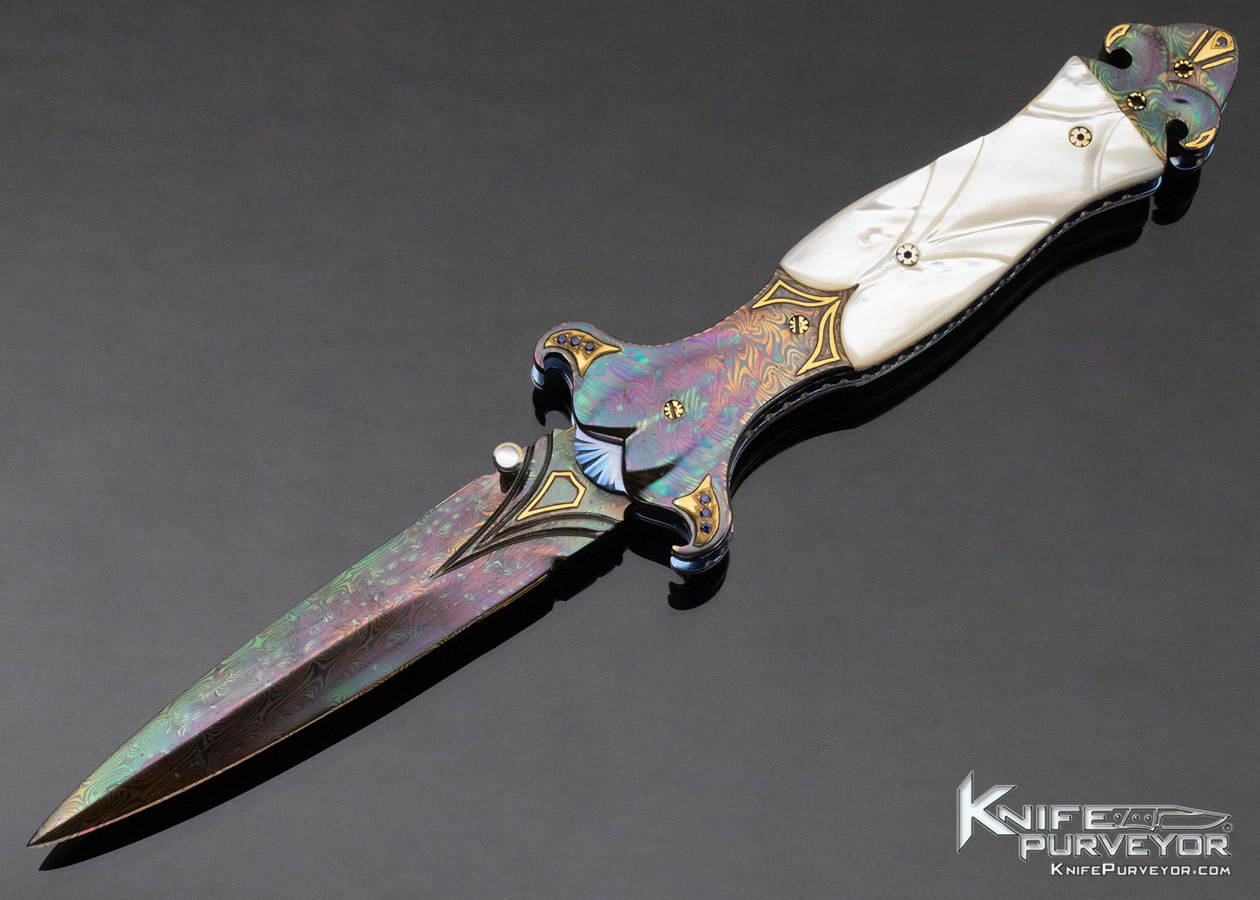 Shaun and Sharla Hansen Custom Knife Blued Sole Authorship Damascus and Mother of Pearl Linerlock 11862