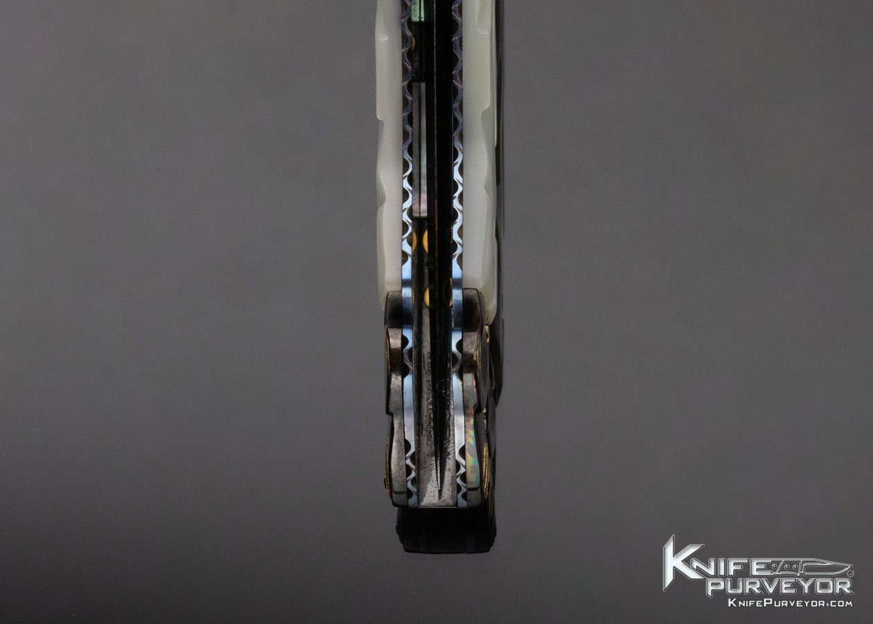 Shaun and Sharla Hansen Custom Knife Blued Sole Authorship Damascus and Mother of Pearl Linerlock - Image 7