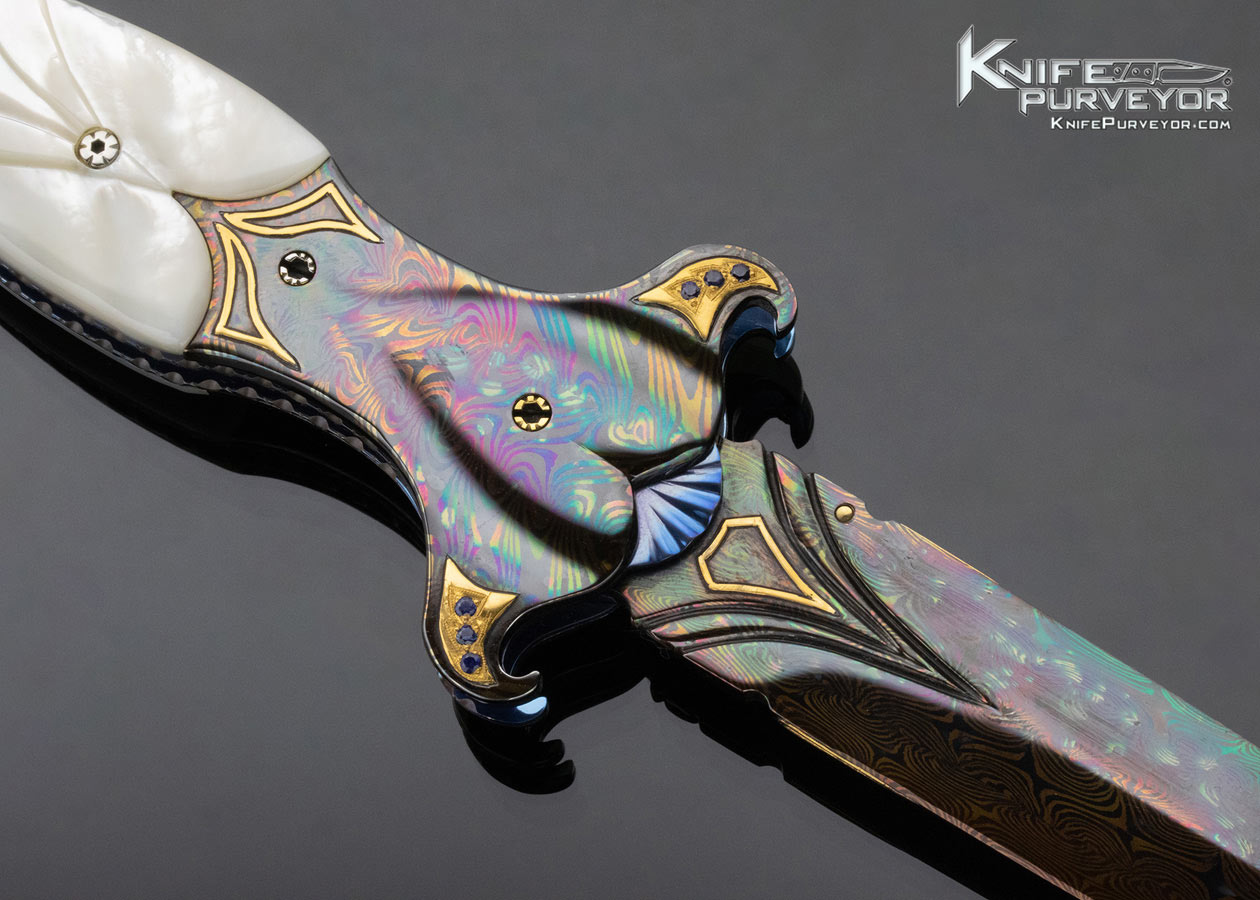 Shaun and Sharla Hansen Custom Knife Blued Sole Authorship Damascus and Mother of Pearl Linerlock - Image 4