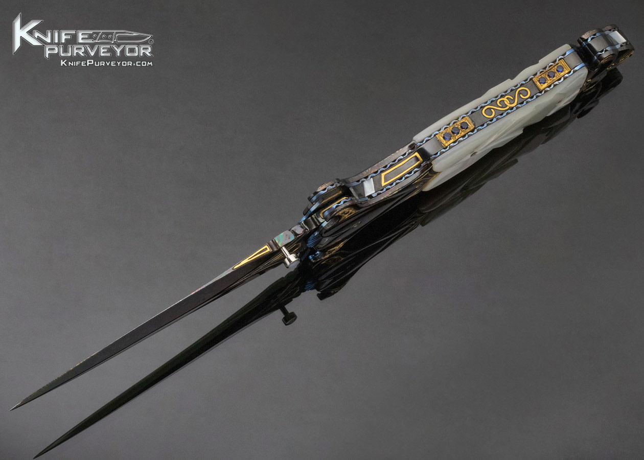 Shaun and Sharla Hansen Custom Knife Blued Sole Authorship Damascus and Mother of Pearl Linerlock - Image 8