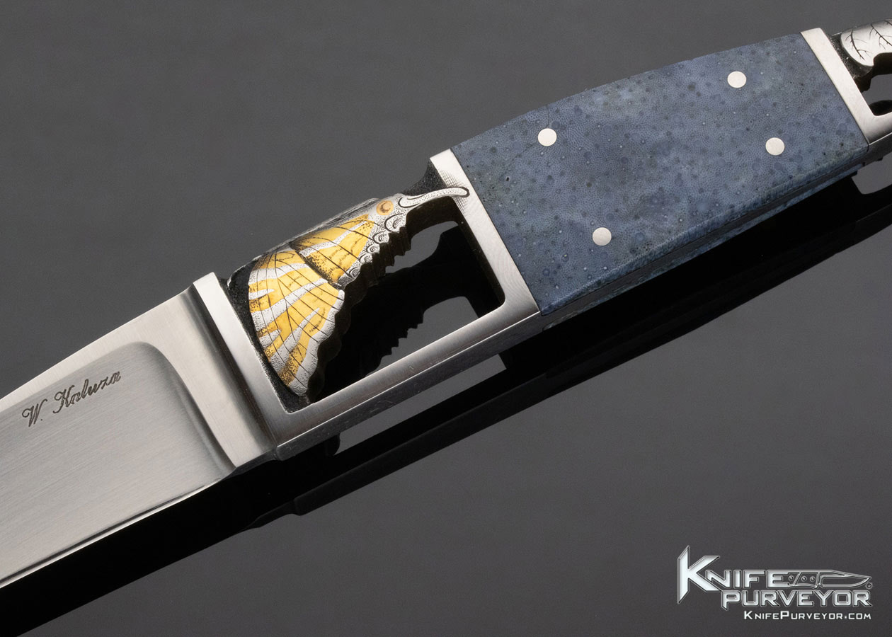Werner Kaluza Custom Knife Sole Authorship Engraved Butterfly and Caterpillar Blue Coral Integral Fixed Blade - Image 2