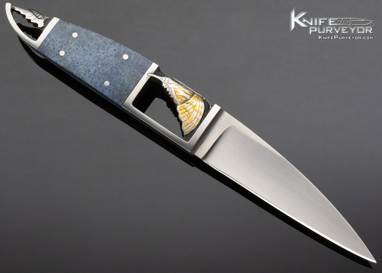 Werner Kaluza Custom Knife Sole Authorship Engraved Butterfly and Caterpillar Blue Coral Integral Fixed Blade - Image 3