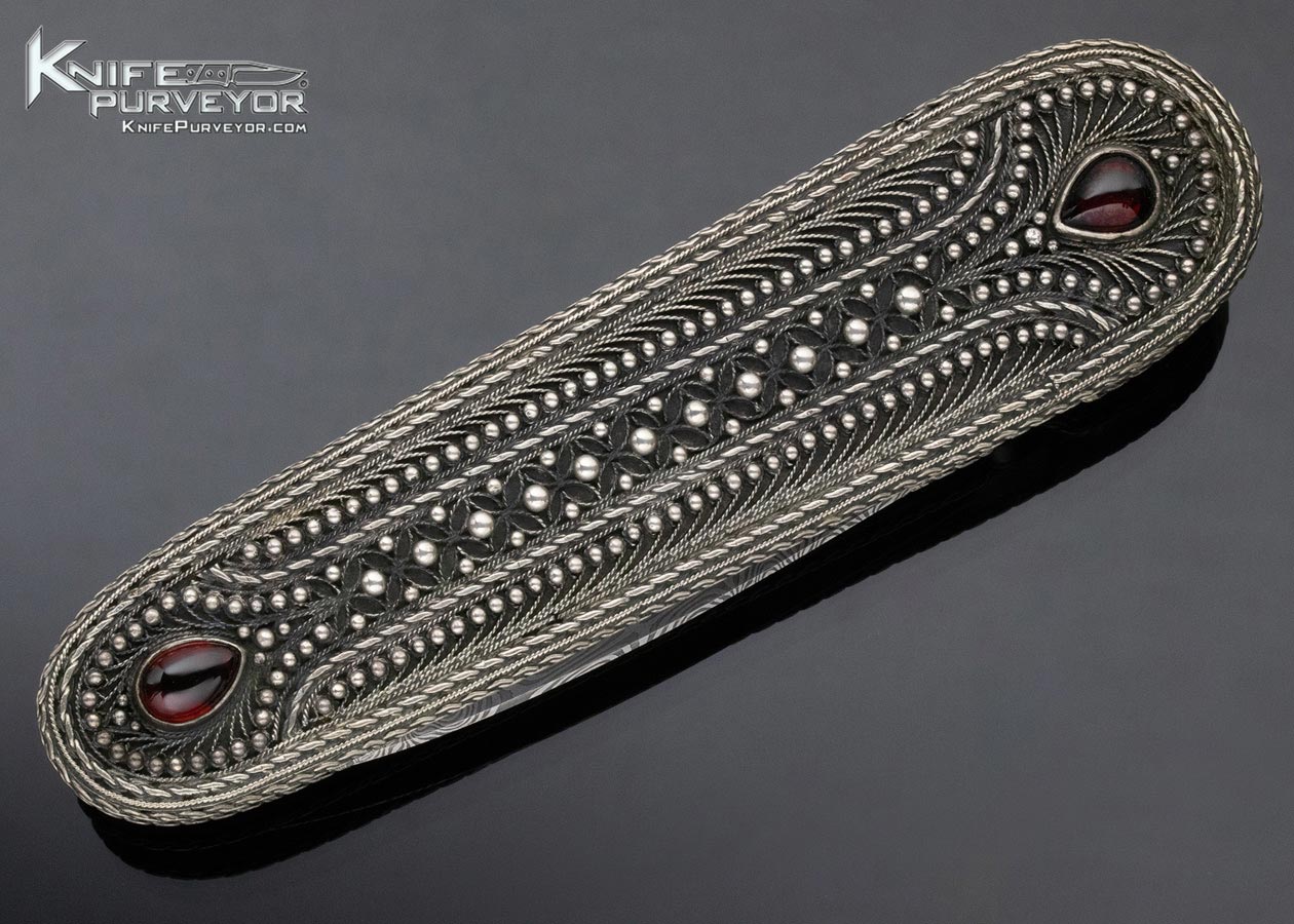 Zaza Revishvilli and W.D. Pease Collaboration Custom Knife Filigree with Garnet and Damascus Linerlock Folder - Image 5