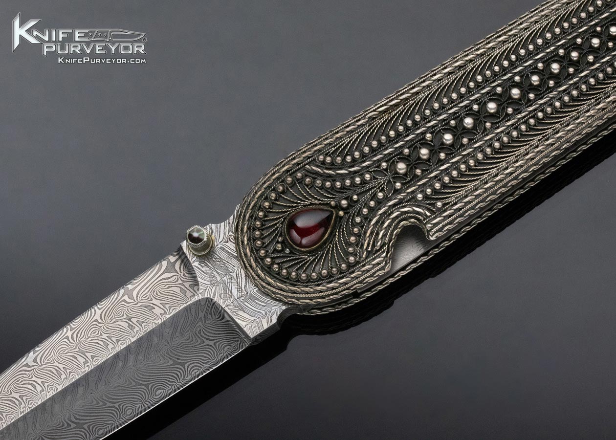 Zaza Revishvilli and W.D. Pease Collaboration Custom Knife Filigree with Garnet and Damascus Linerlock Folder - Image 2