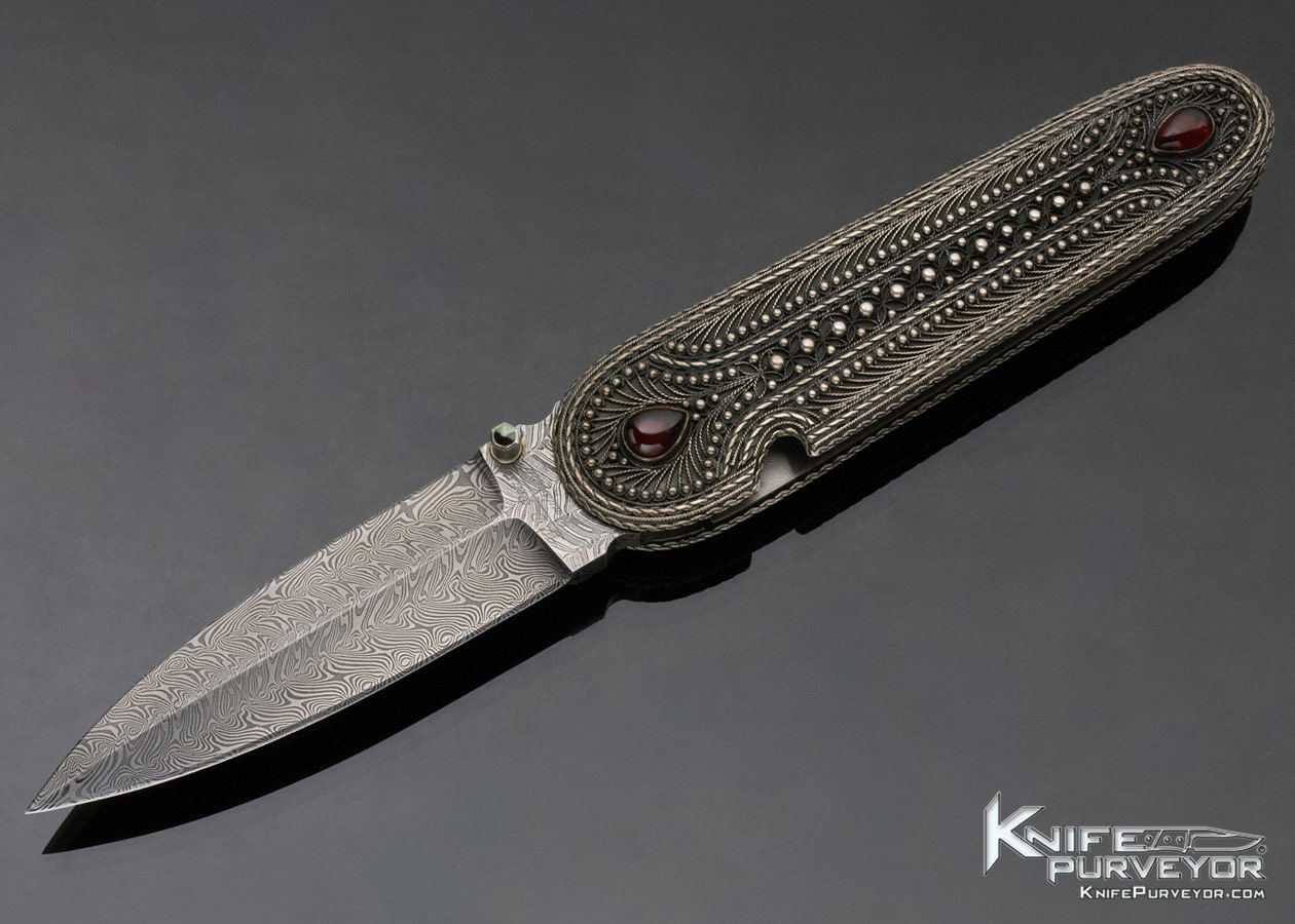 Zaza Revishvilli Filigree with Garnet and Damascus Linerlock Folder 11956