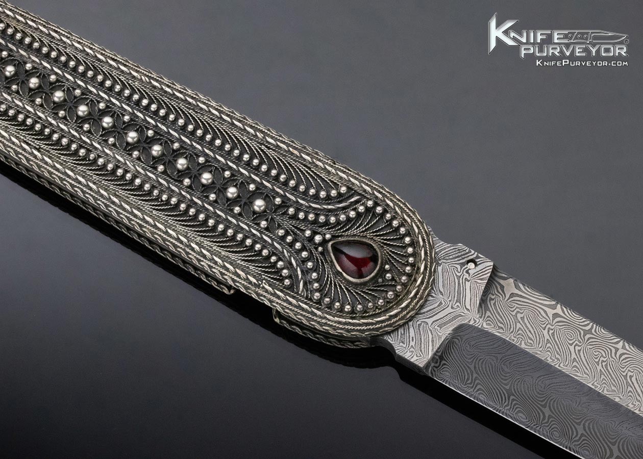 Zaza Revishvilli and W.D. Pease Collaboration Custom Knife Filigree with Garnet and Damascus Linerlock Folder - Image 4