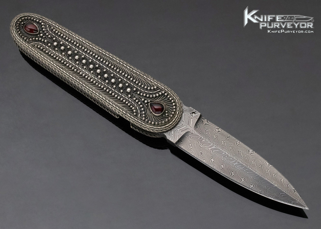 Zaza Revishvilli and W.D. Pease Collaboration Custom Knife Filigree with Garnet and Damascus Linerlock Folder - Image 3