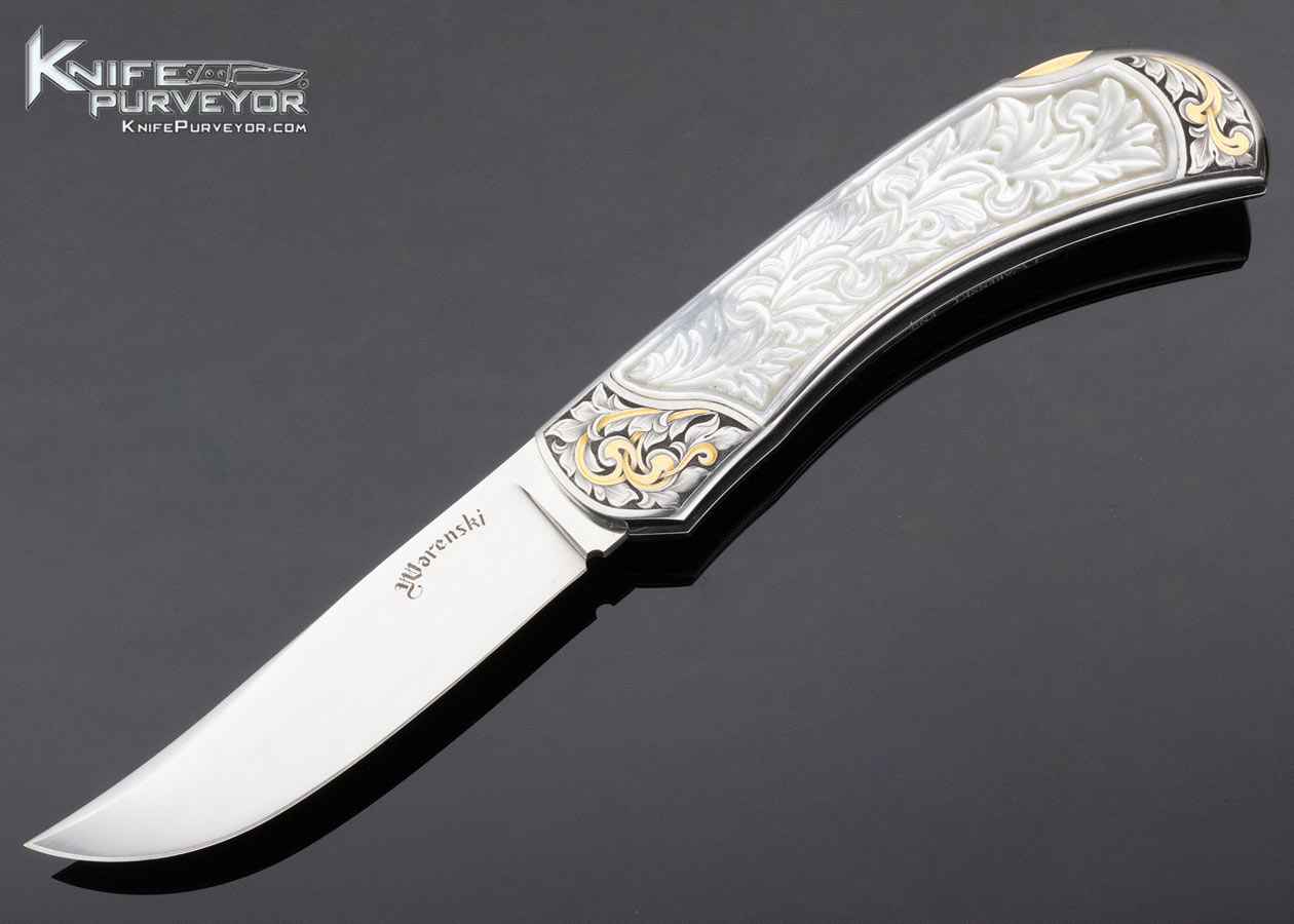 Buster Warenski Custom Knife Julie Warenski Engraved Carved Pearl Lockback 13417
