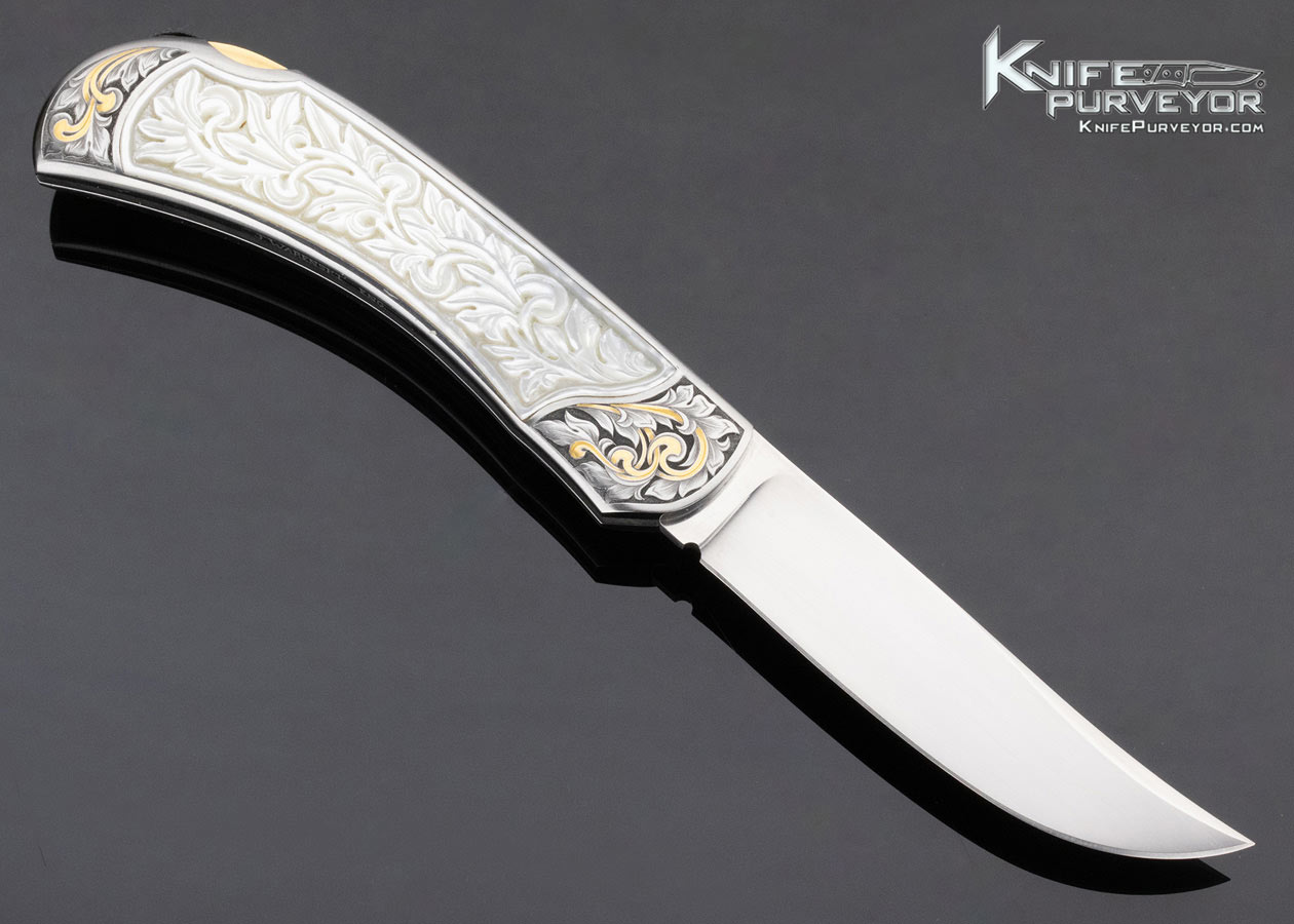 Buster Warenski Custom Knife Julie Warenski Engraved Carved Pearl Lockback 13417