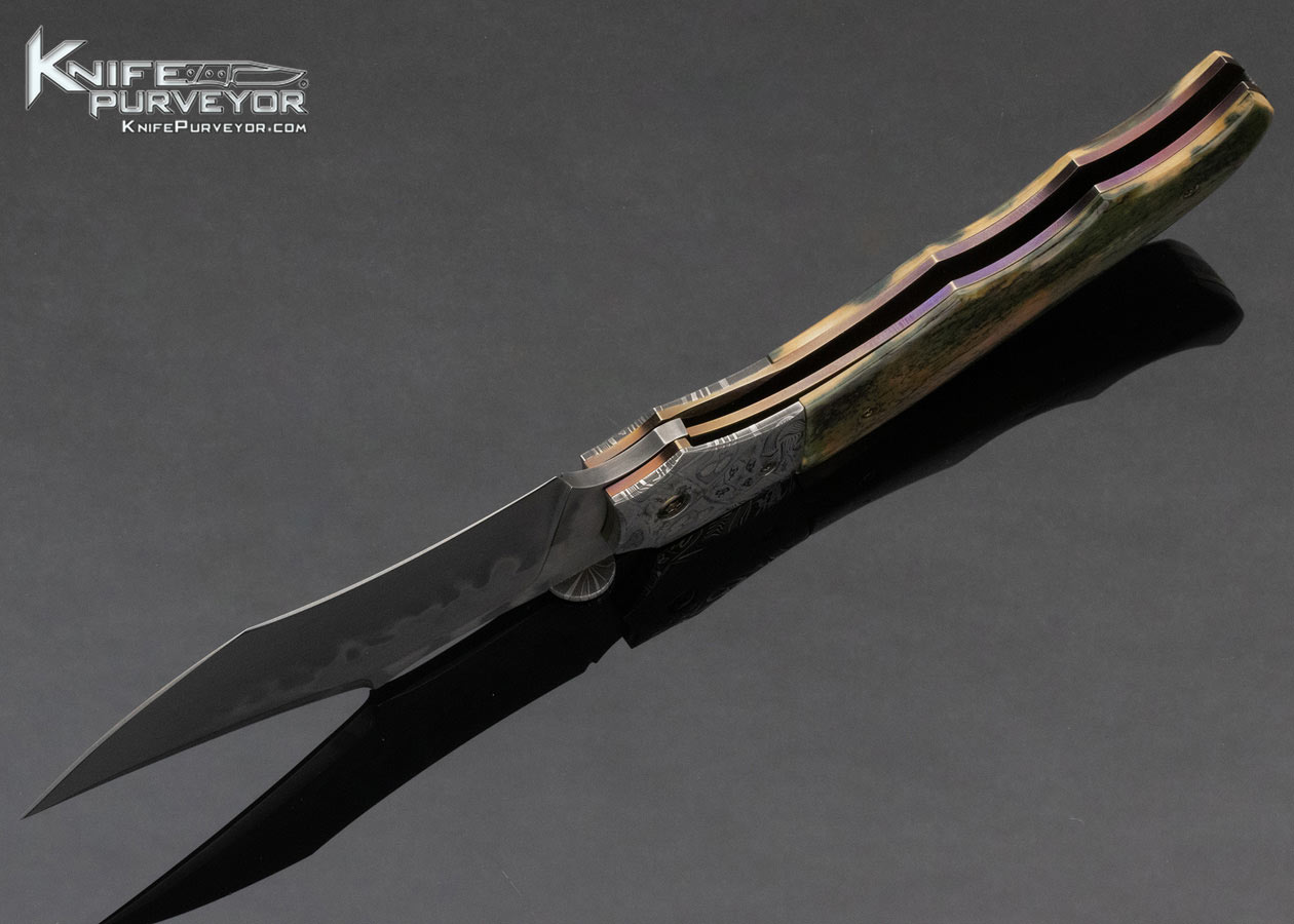 Don hanson Custom Knife Sole Authorship Damascus w Mammoth Scale Linerlock 13436