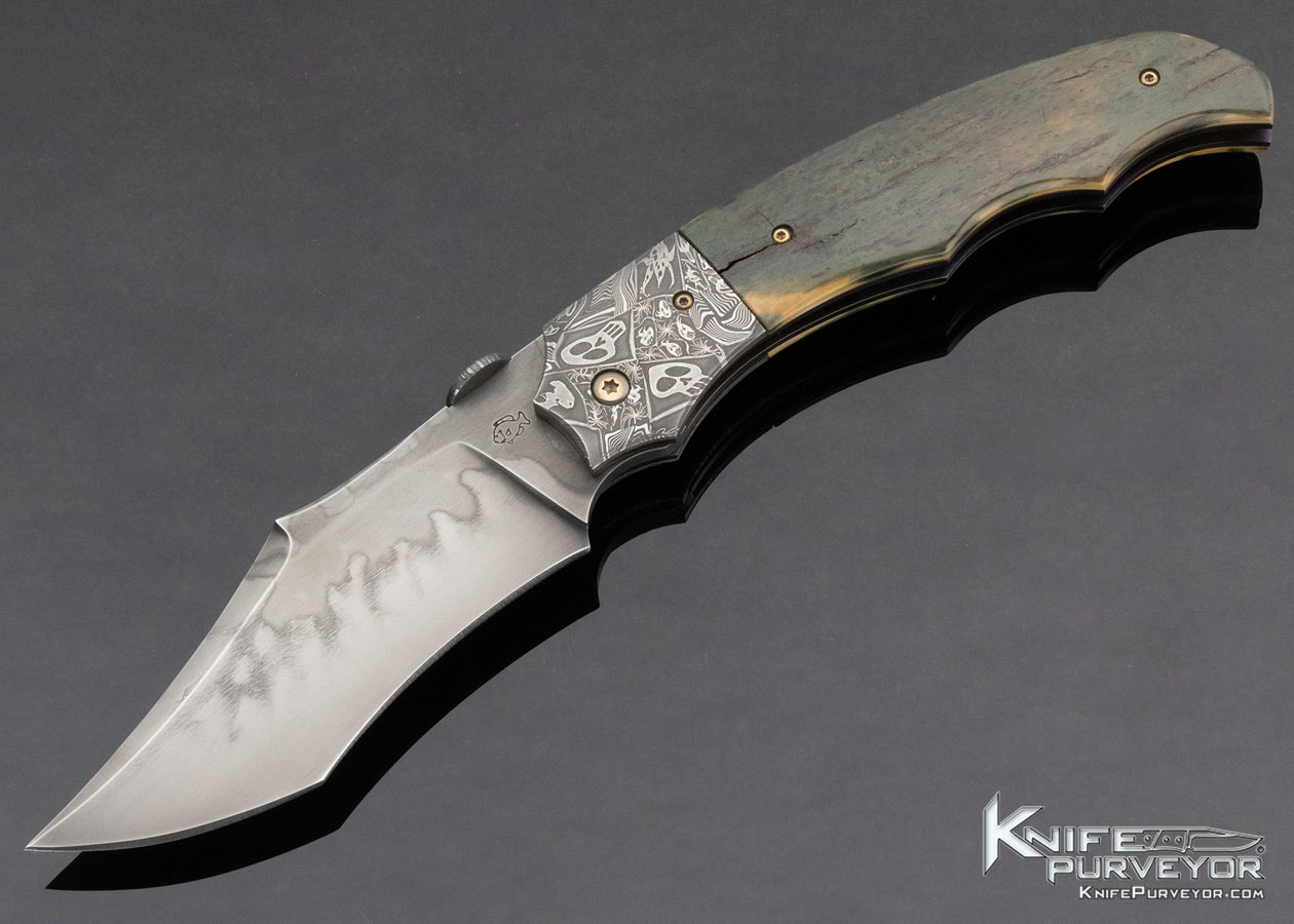 Don hanson Custom Knife Sole Authorship Damascus w Mammoth Scale Linerlock 13436