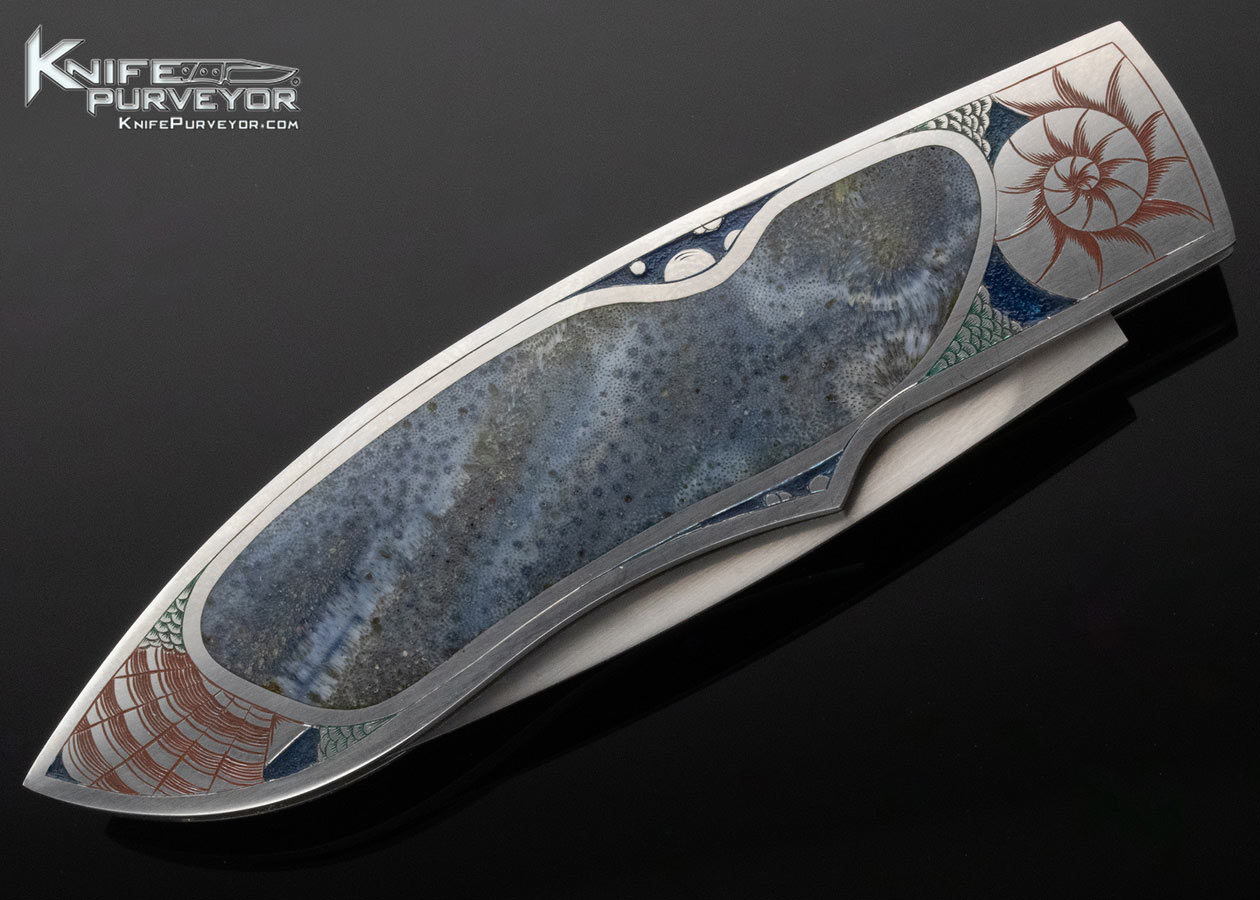 Elvan Allred Custom Knife Scott Allred Engraved Blue Sea Coral Interframe Lockback - Image 4