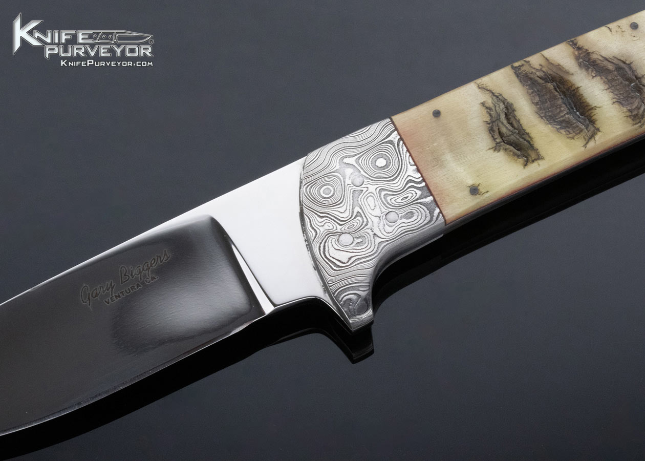 Gary Biggers Custom Knife Big Horn Sheep Damascus Bolstered Hunter Snakeskin Sheath - Image 2