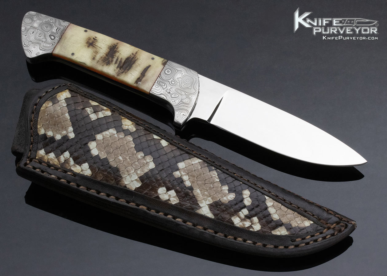 Gary Biggers Custom Knife Big Horn Sheep Damascus Bolstered Hunter Snakeskin Sheath - Image 3