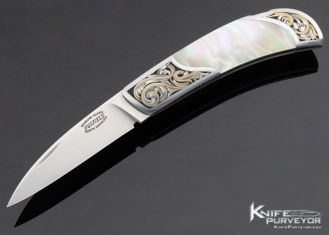 Jack Busfield Custom Knife Sam Alfano Engraved Green Sea Snail Shell Lockback 13663