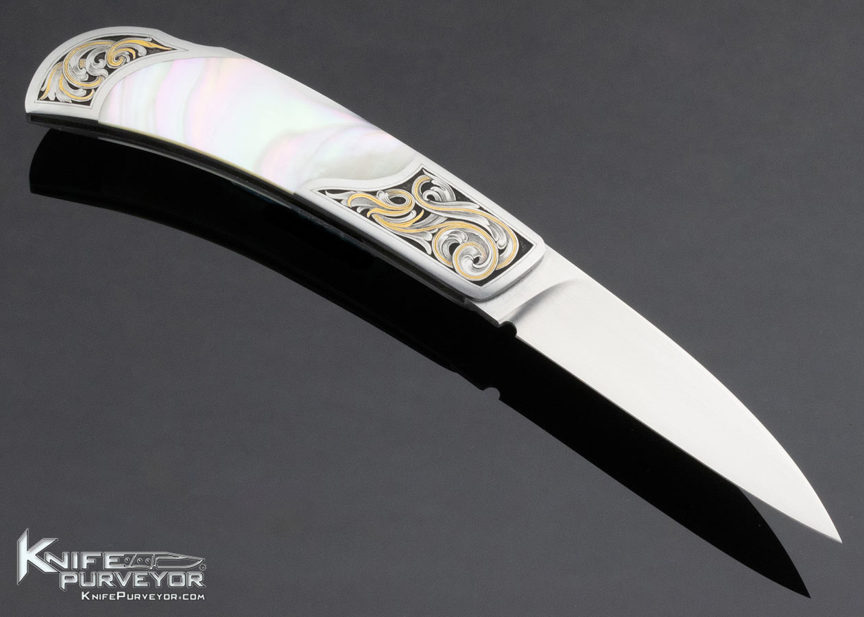 Jack Busfield Custom Knife Sam Alfano Engraved Green Sea Snail Shell Lockback - Image 3