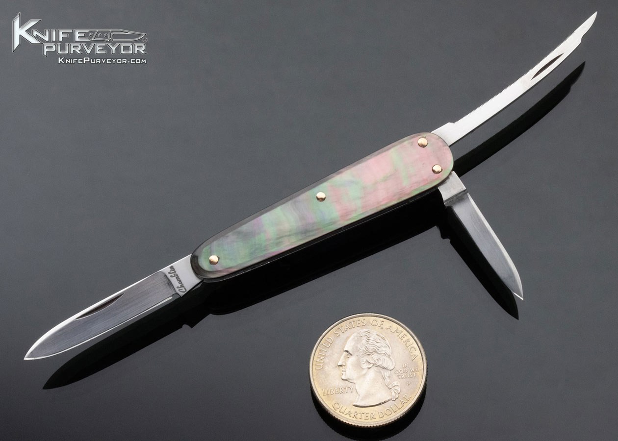 Joel Chamblin Custom Knife Black Lip Pearl 3 Blade, Sleeveboard Lobster Pattern Slip Joint 12277