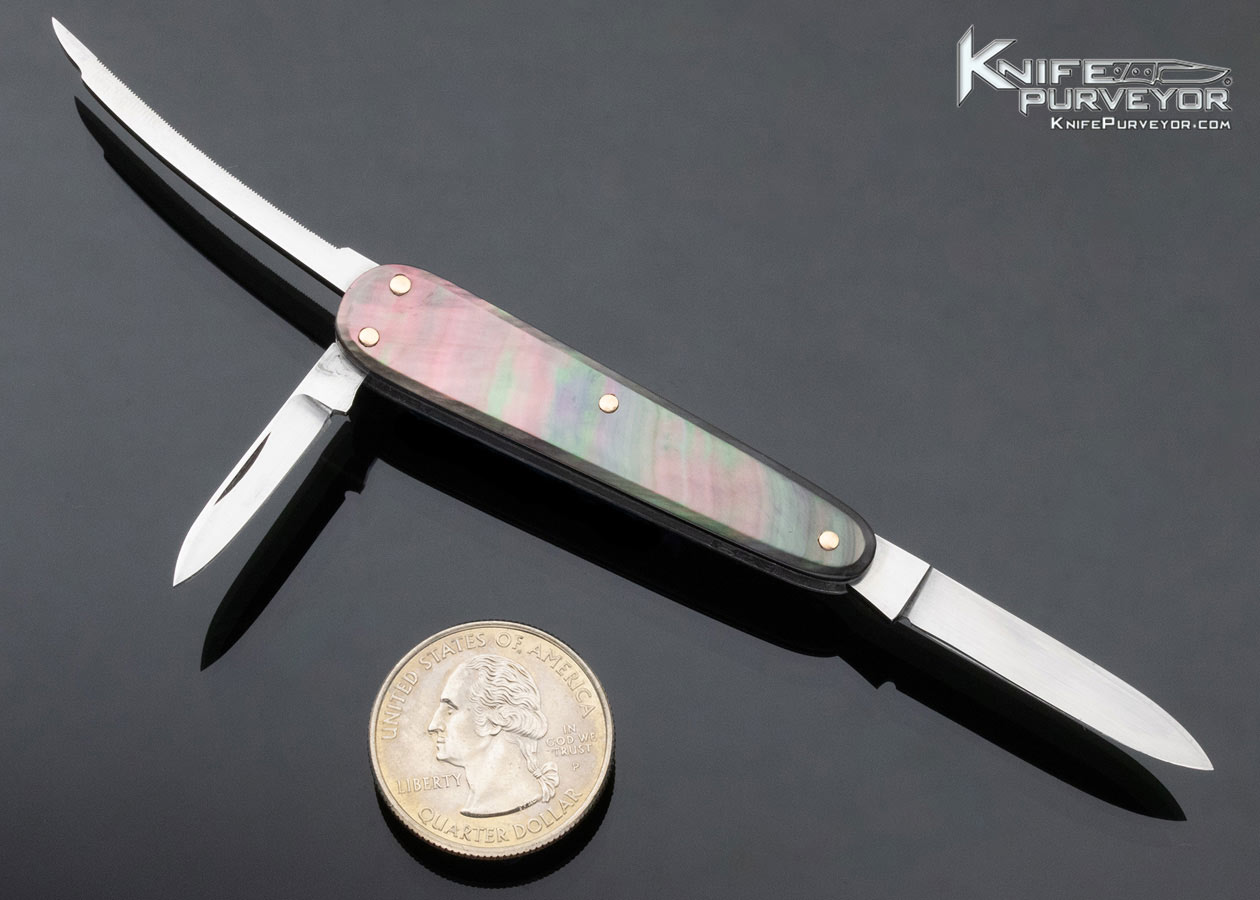 Joel Chamblin Custom Knife Black Lip Pearl 3 Blade, Sleeveboard Lobster Pattern Slip Joint - Image 3