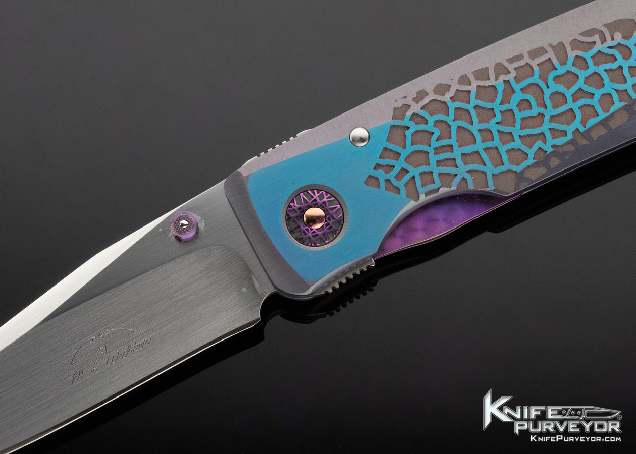 Michael Walker Custom Knife Purple Anodized with Blue Anodized Machined Titanium Linerlock - Image 2