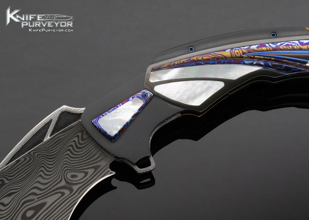 Ron Best Custom Knife Timascus & Damasteel with Carved Mother of Pearl Linerlock Flipper - Image 2
