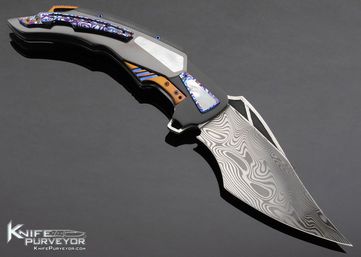 Ron Best Custom Knife Timascus & Damasteel with Carved Mother of Pearl Linerlock Flipper - Image 3