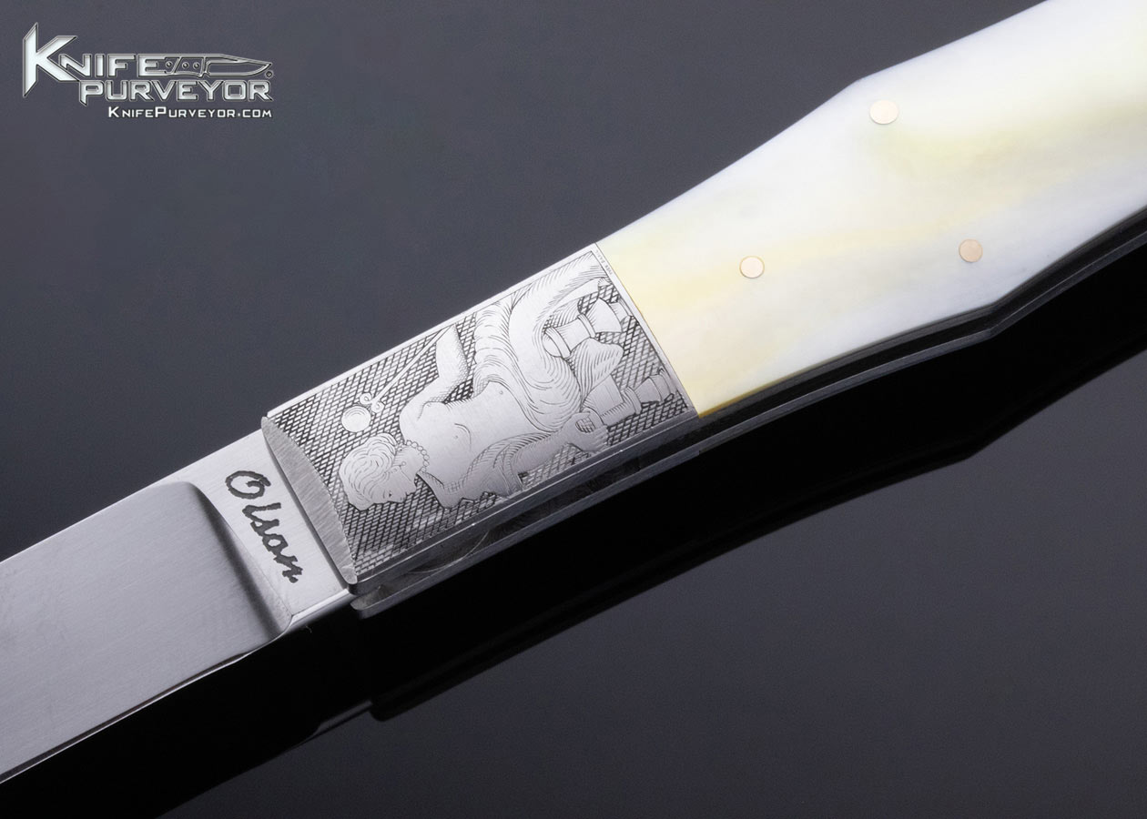 Ron Olson Custom Knife Engraved by Yves Baril with Goldlip Pearl Lockback - Image 2