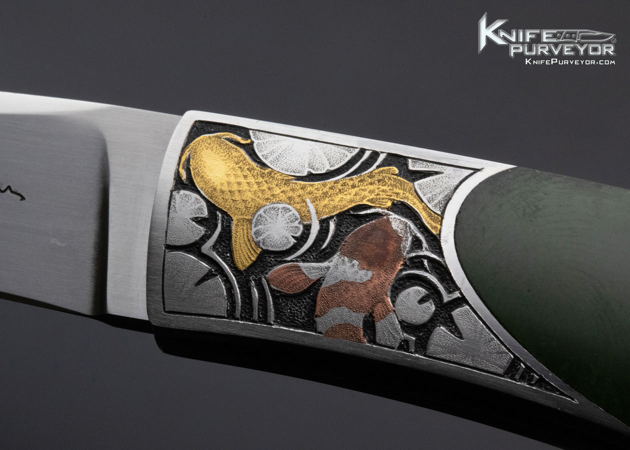 Tim Herman Custom Knife Engraved by Jon Robyn with Jade and Gold & Bronze Koi Fish - Image 3