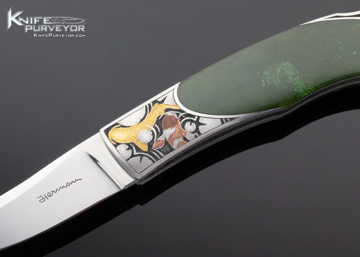 Tim Herman Custom Knife Engraved by Jon Robyn with Jade and Gold & Bronze Koi Fish - Image 2